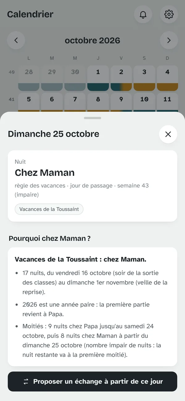 Explication d'une nuit : vacances de la Toussaint, chez Maman, moitiés, année paire.